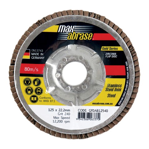 MAXABRASE FLAP DISC ALUMINIUM BACK-STAINLESS 125MM X ZK40 GRIT